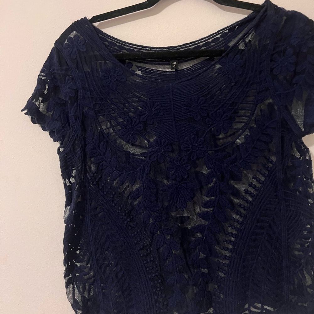 Express Blue Sheer Ruffled Blouse Short Sleeve